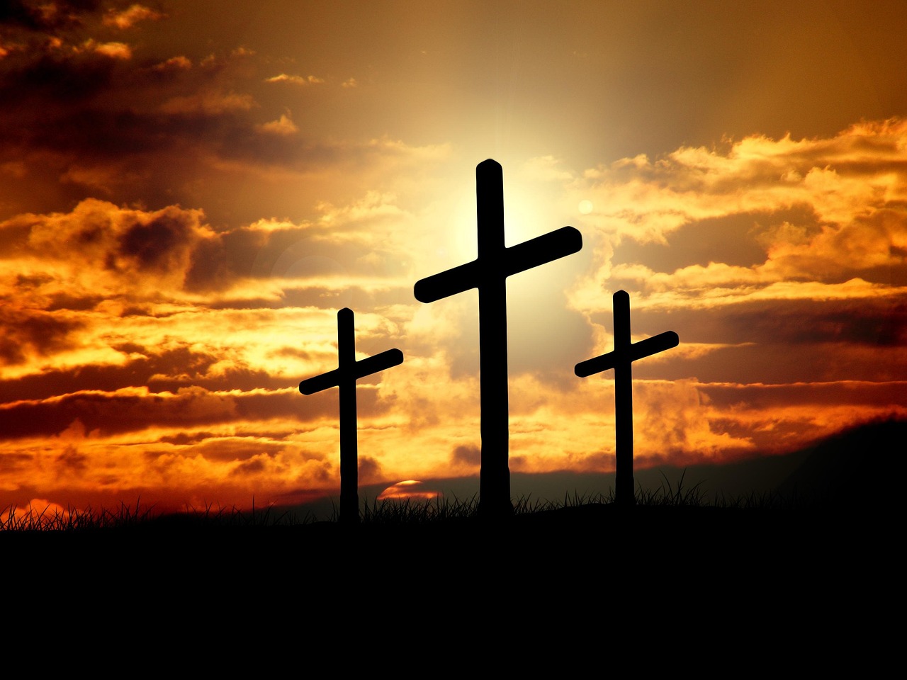crosses, sunset, silhouettes, dusk, dawn, twilight, clouds, sky, sunrise, hill, crucifixion, resurrection, christianity, christ, faith, nature, god, jesus, easter, religion